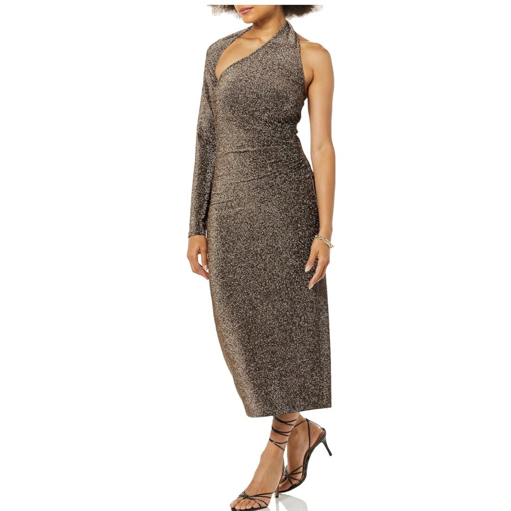 NWT TEREA Womens Nola One Shoulder Gold Metallic Sparkle Midi Dress Size XL - Picture 4 of 8